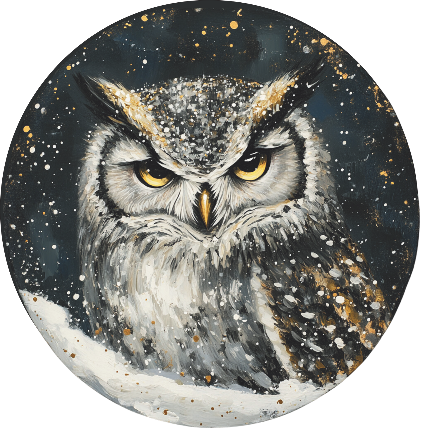 Owl Face in snow Round Sign