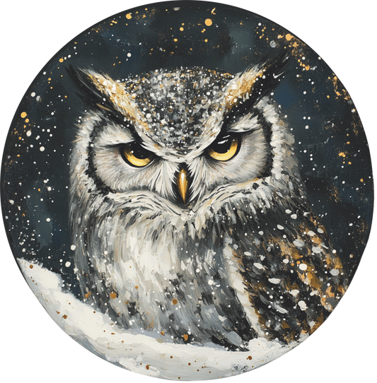 Owl Face in snow Round Sign