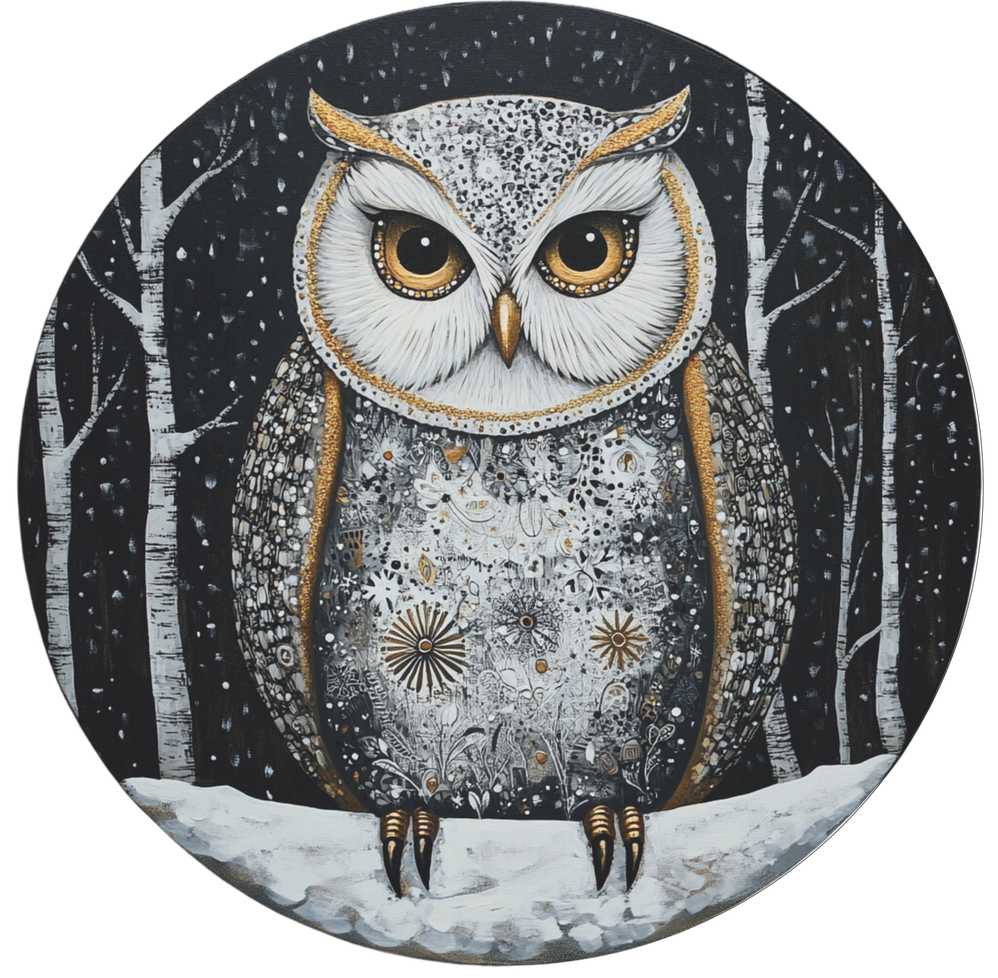 Owl in snow sitting on a branch Round Sign