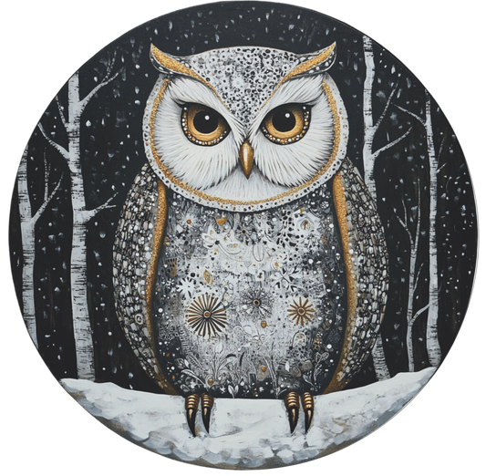 Owl in snow sitting on a branch Round Sign