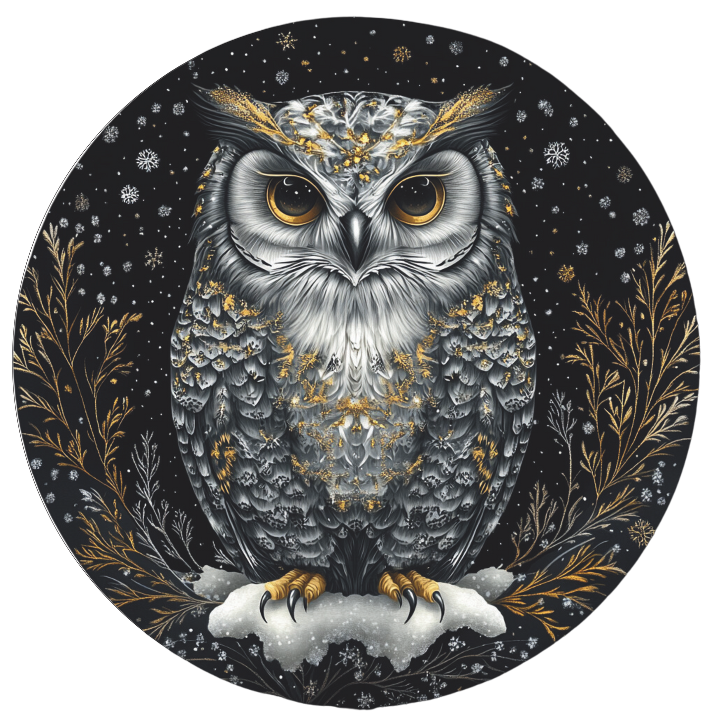 Grey Owl with gold highlights Round Sign