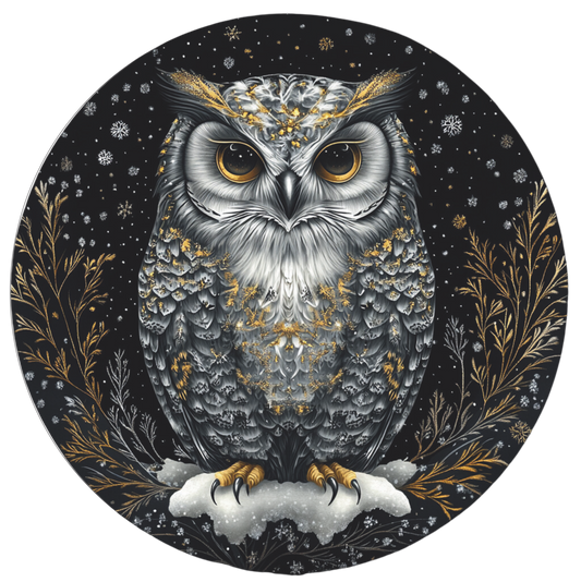 Grey Owl with gold highlights Round Sign