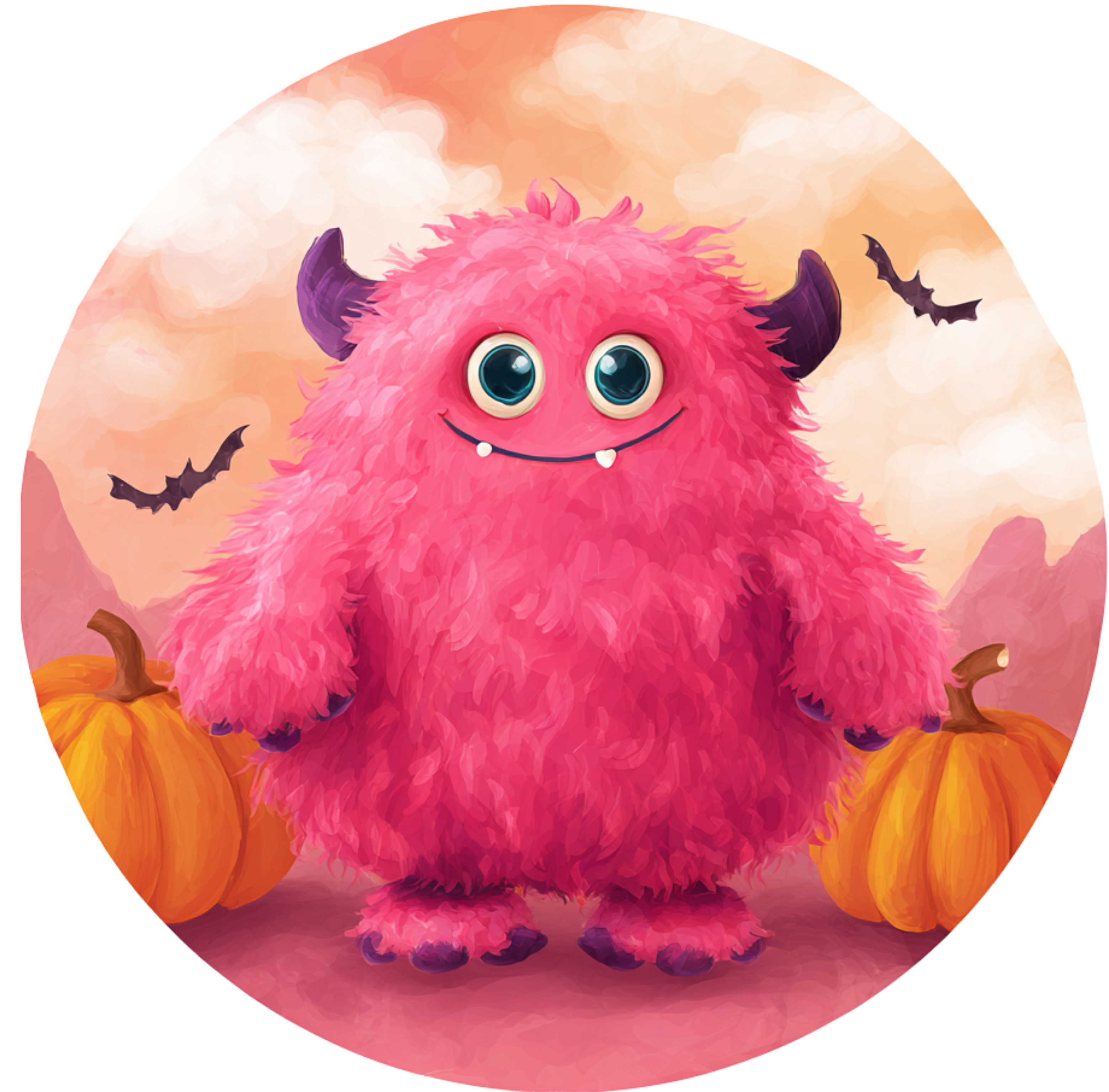 Pink Mosters Pink Monster with pumpkins sign Round – RCL Signs and More