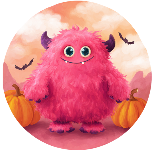 Pink Monster with pumpkins sign Round