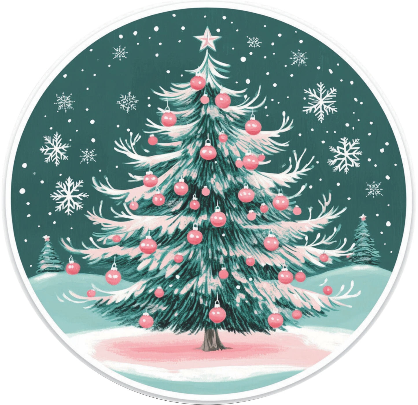 Mint and Pink Christmas tree Round Sign