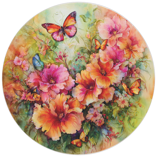 Pink and Orange flowers with butterflies Sign Round