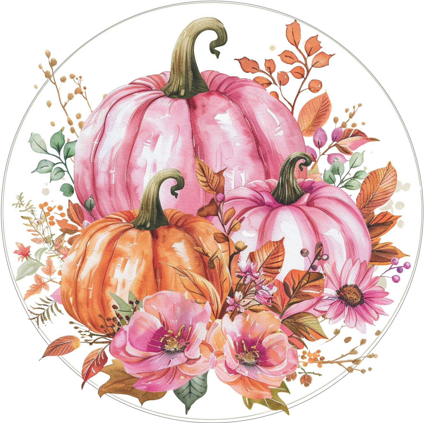 Orange and pink fall pumpkin with pink florals Sign Round