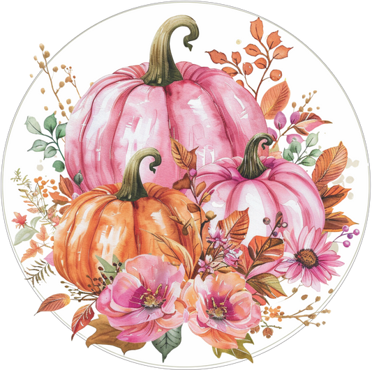 Orange and pink fall pumpkin with pink florals Sign Round
