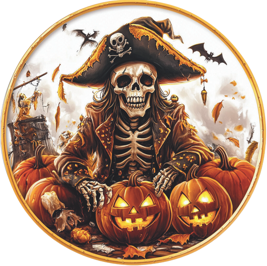 Pirate with pumpkins Round Sign