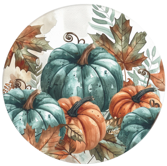Teal and Orange Pumpkins and leaves Sign Round