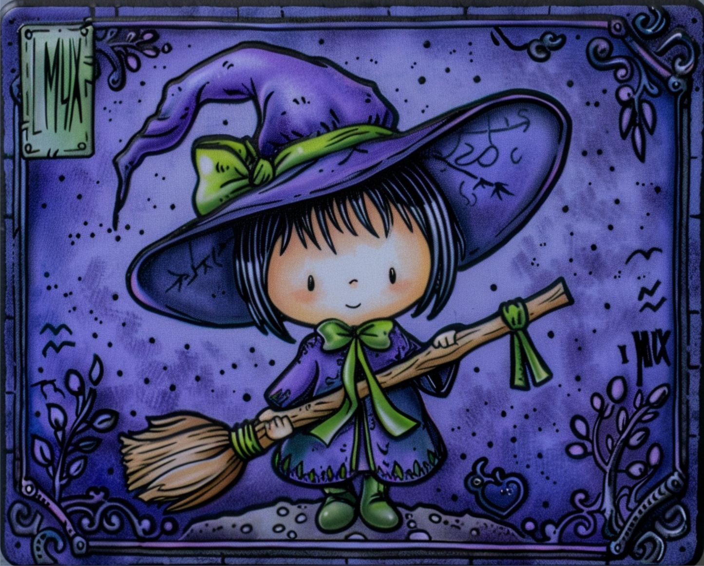 Cute purple and green witch 8x10