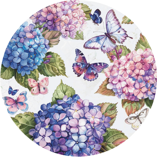 Purple, Blue and Pink Butterflies on hydrangeas Sign Round