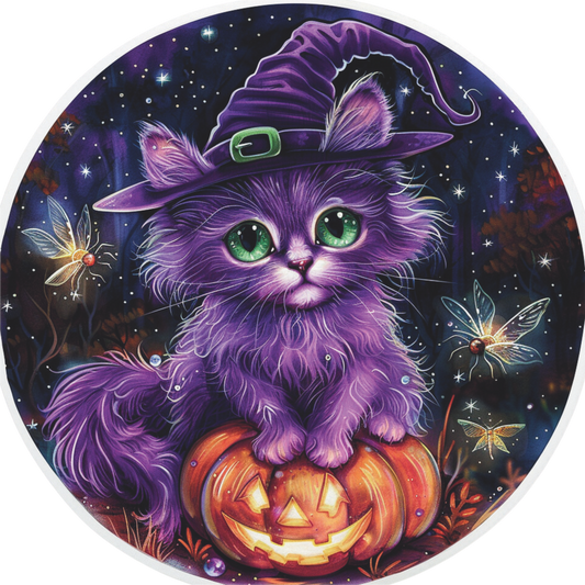 Halloween Purple Cat Sign Round