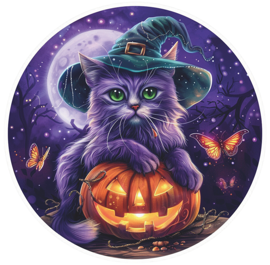 Halloween Purple Cat  with purple moon Sign Round