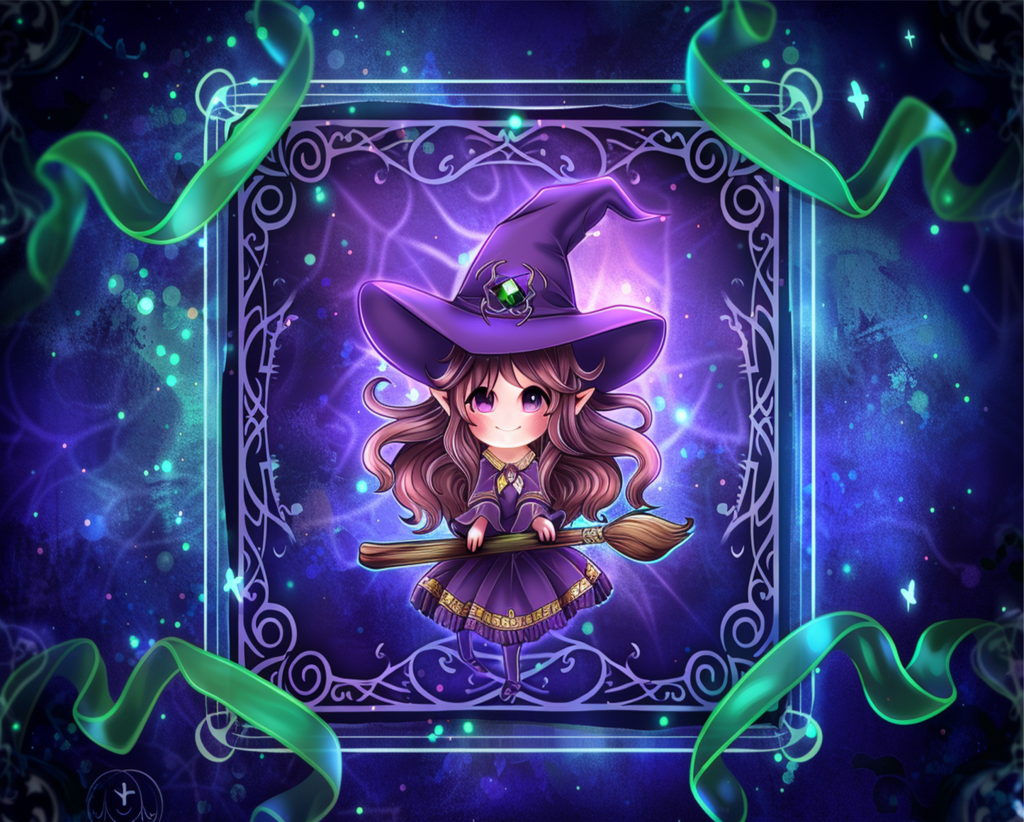 Purple witch in blue and green frame 8x10