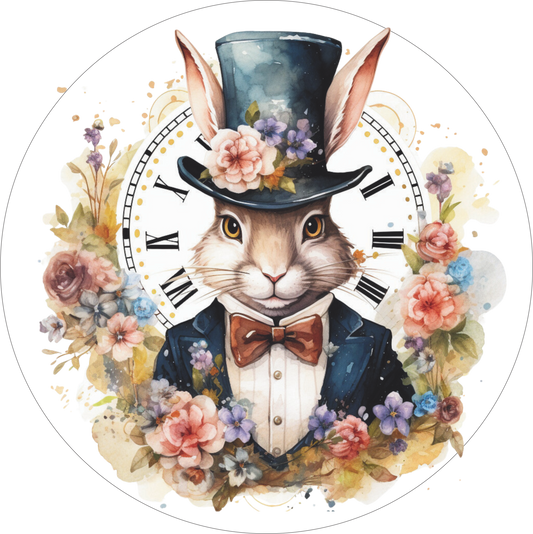 Rabbit with clock and florals Round Sign