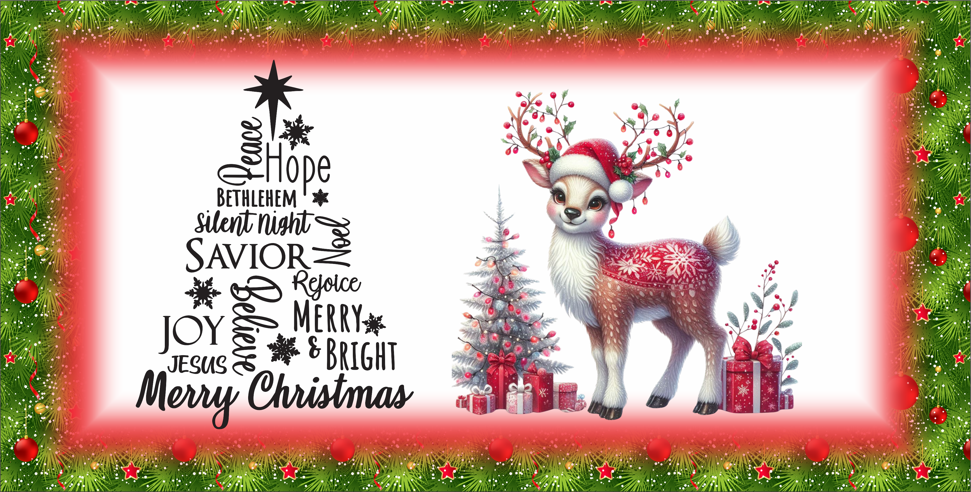Reason for the season Word Christmas Tree with Reindeer 6 x 12 wreath ...
