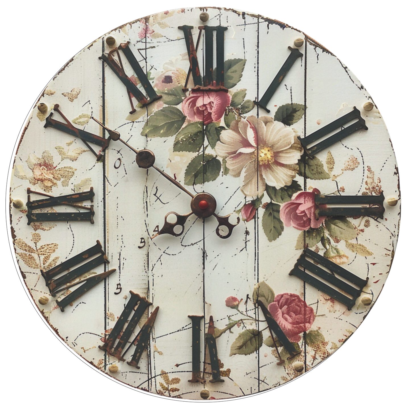 Vintage Romantic Clock with Cream and Pink Florals Round Sign