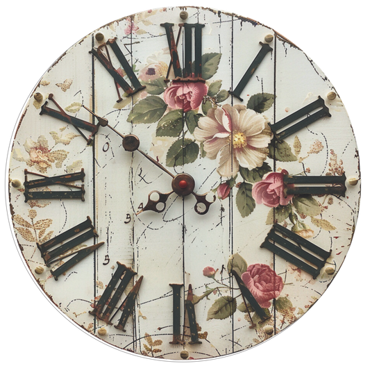 Vintage Romantic Clock with Cream and Pink Florals Round Sign