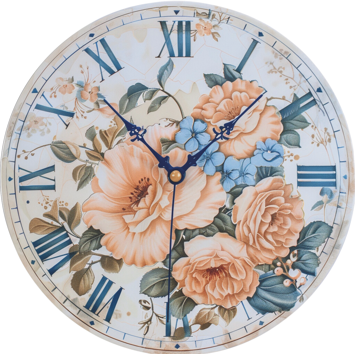 Vintage Romantic Clock with Peach and Blue Florals Round Sign