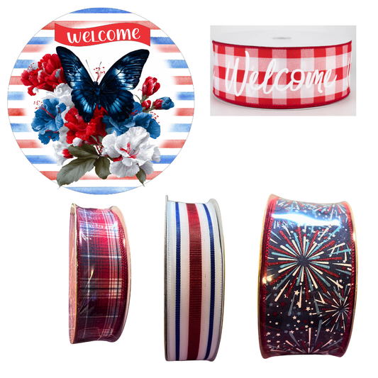 Welcome red, white and blue Sign and Ribbon Set