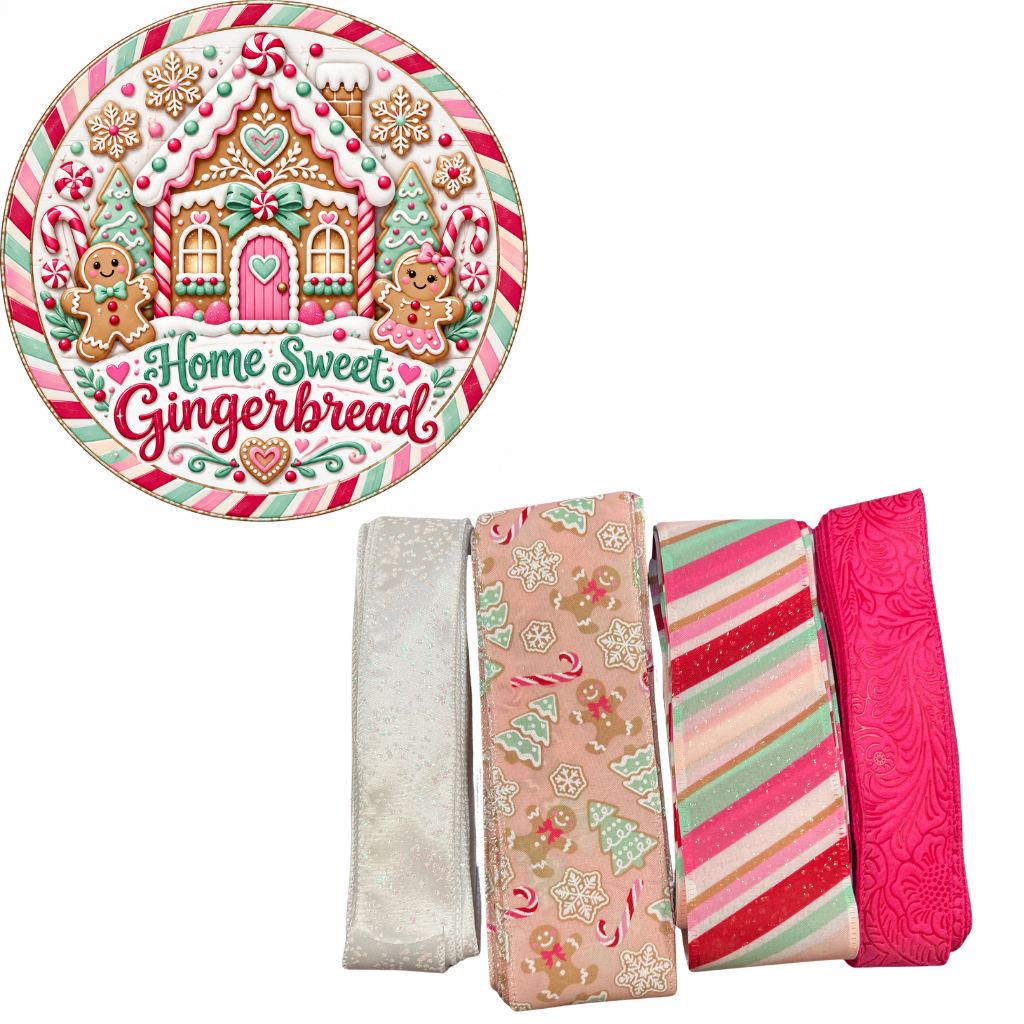 White, Pink and Mint Green Gingerbread Sign and Ribbon Set