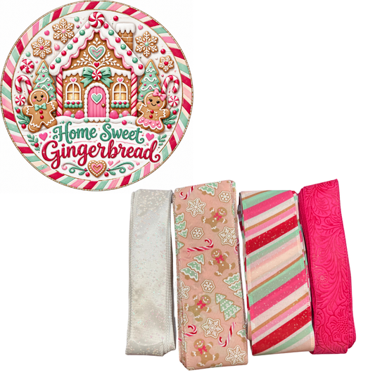 White, Pink and Mint Green Gingerbread Sign and Ribbon Set