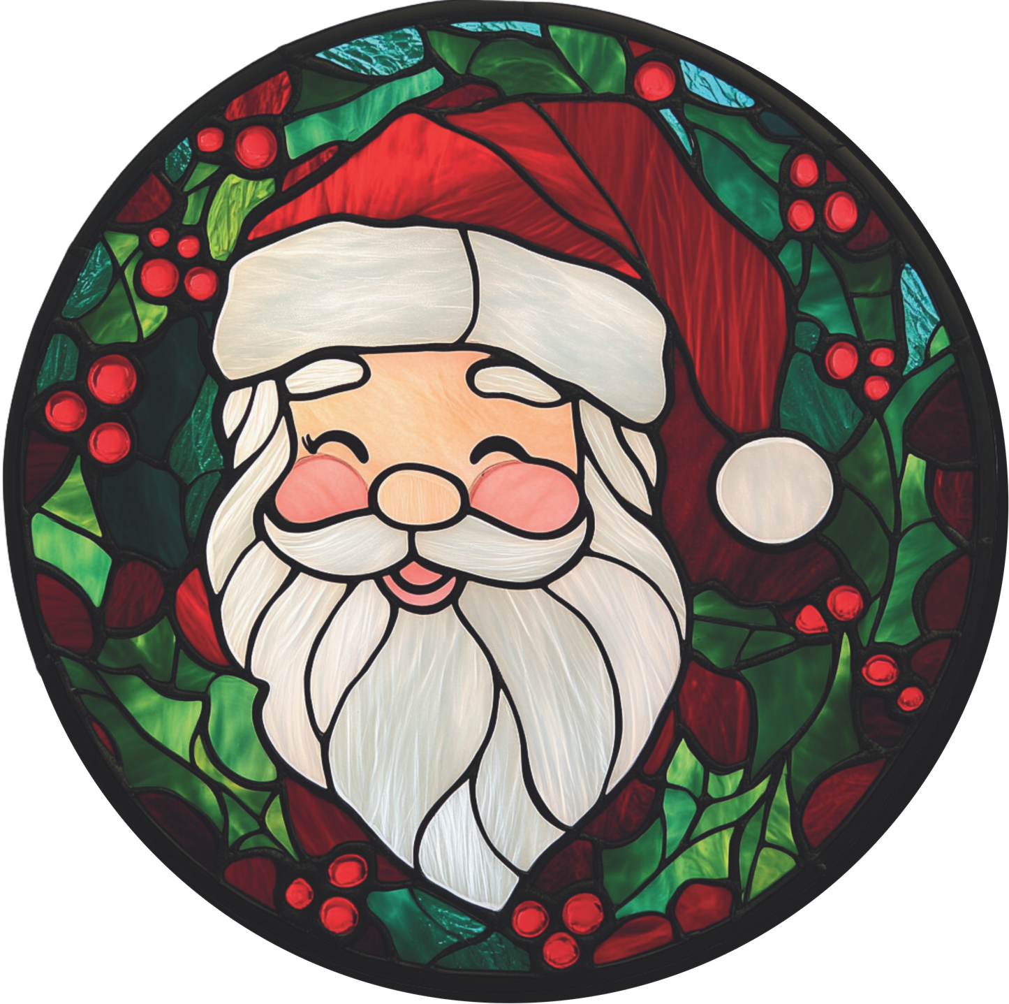 Smiling Santa surrounded by Holly Faux Stained Glass Round Sign