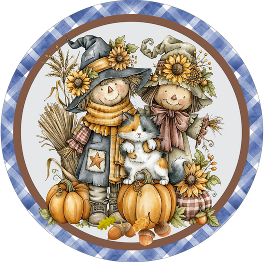 Adorable Scarecrow Couple Round sign