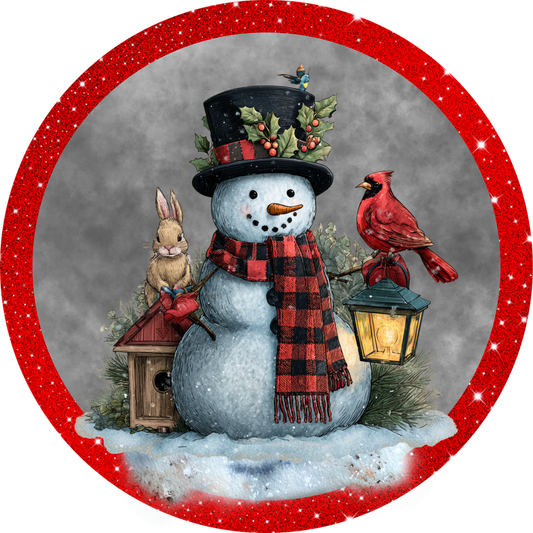 Snowman with Cardinal in snow Round Sign