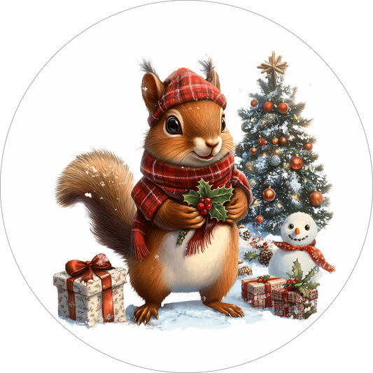 Squirrel ready for Christmas Round Sign
