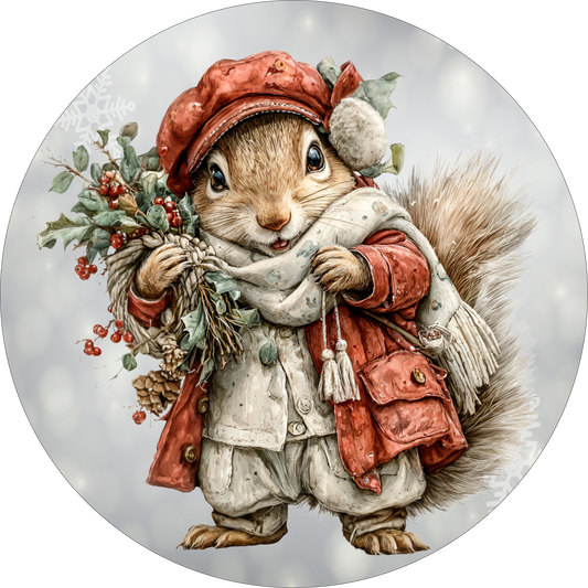 Squirrel carrying Christmas greenery Round Sign