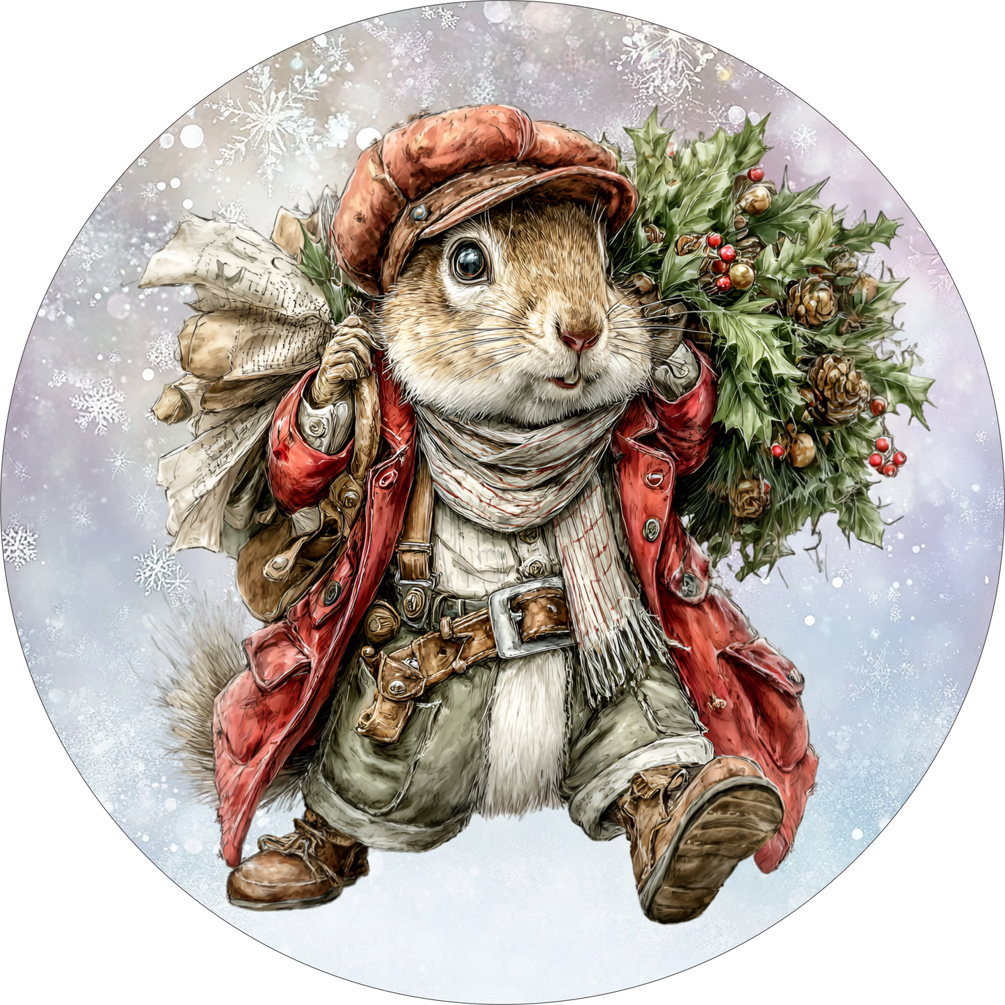 Squirrel carrying Christmas wreath Round Sign