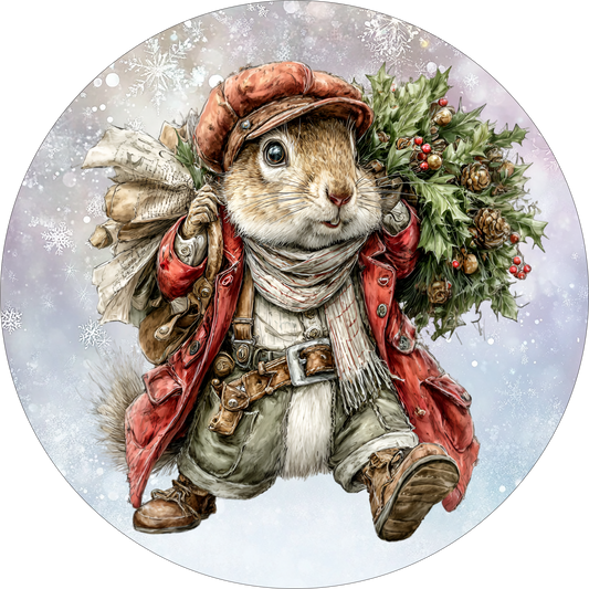 Squirrel carrying Christmas wreath Round Sign