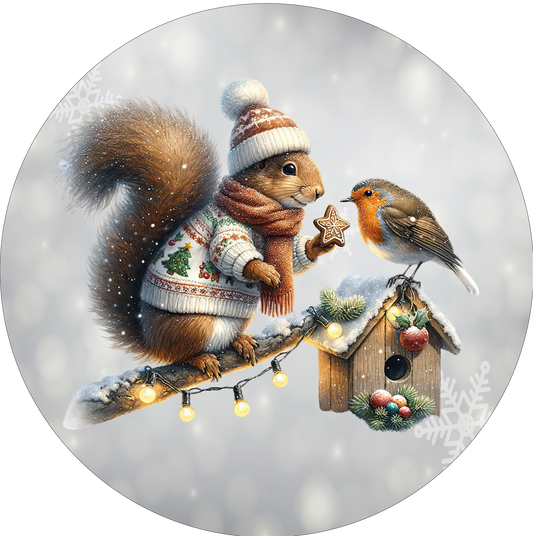 Squirrel giving a bird a cookie Round Sign