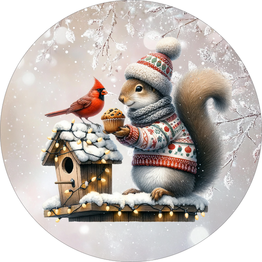 Squirrel giving a bird a cupcake Round Sign