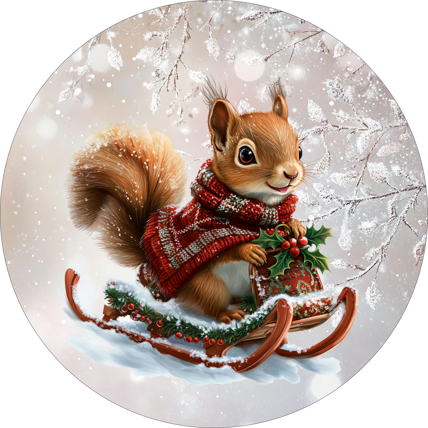 Squirrel sledding in the snow Round Sign