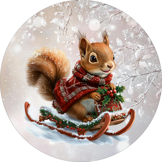 Squirrel sledding in the snow Round Sign
