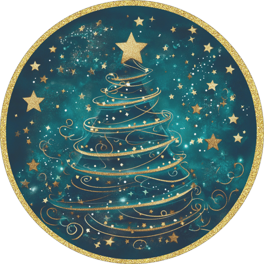 Teal and Gold Christmas trees with stars wreath Sign Round