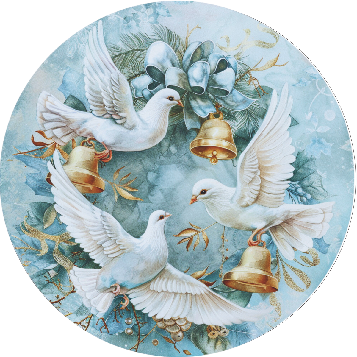Three doves with gold bells in blues Sign Round – RCL Signs and More