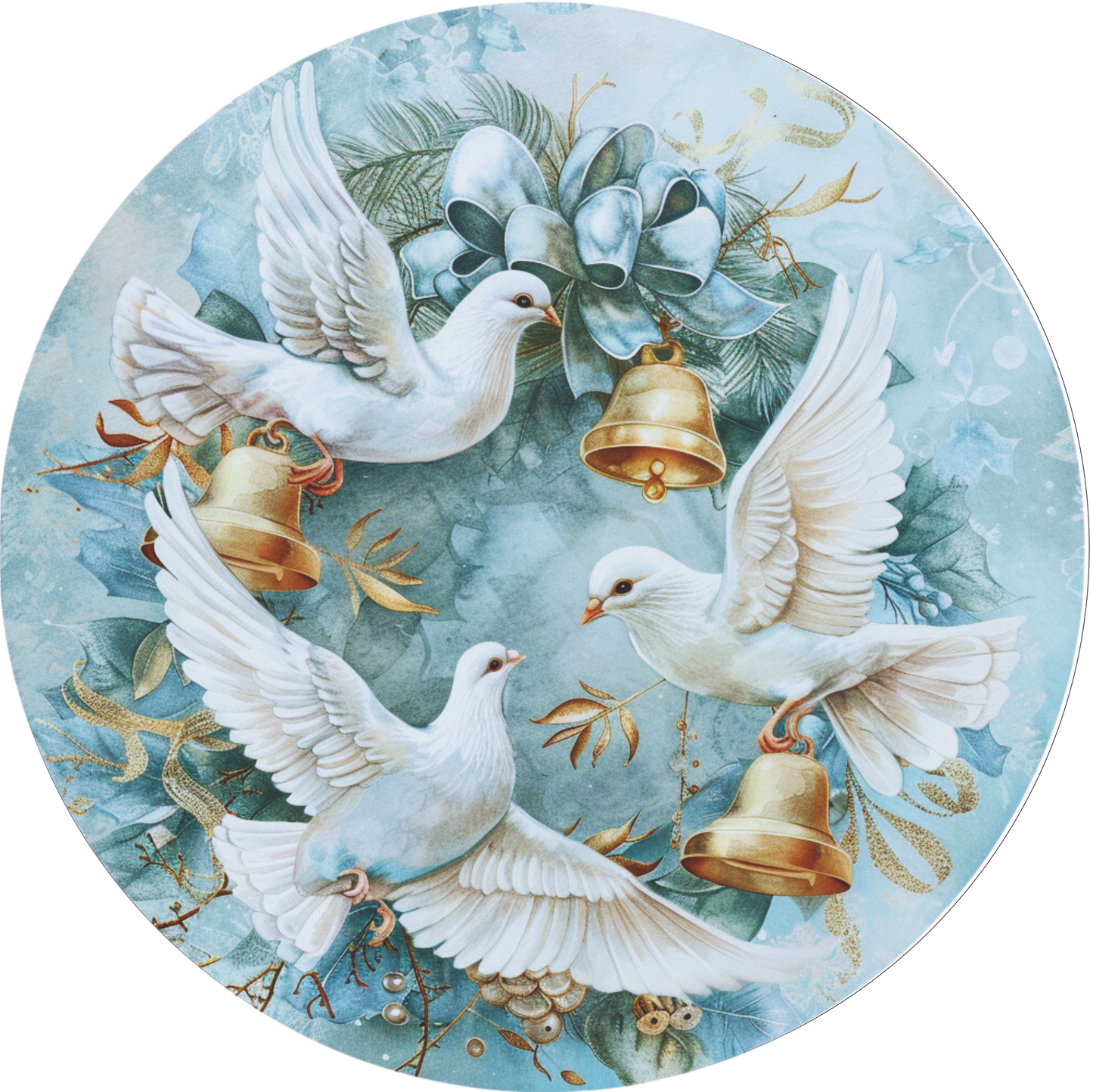 Three doves with gold bells in blues Sign Round