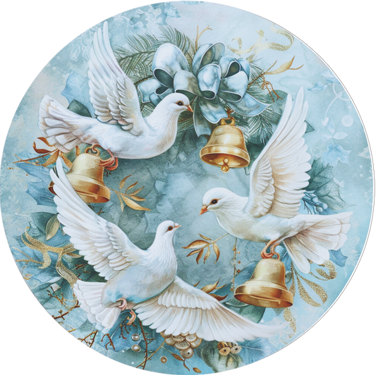 Three doves with gold bells in blues Sign Round