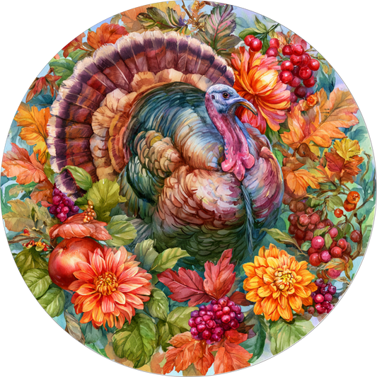 Fall Turkey with Florals Round Metal Sign