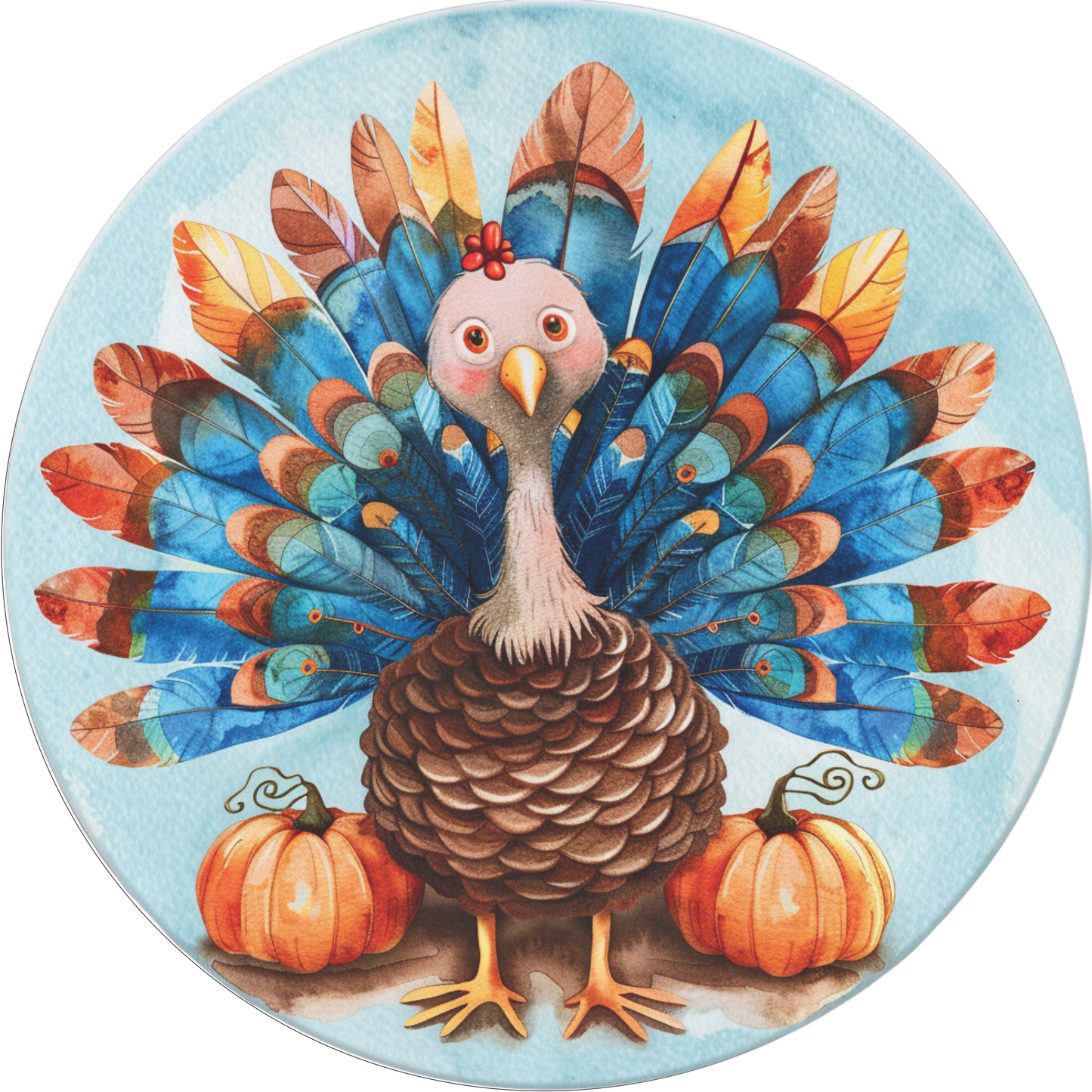 Bright colorful Turkey with pumpkins and leaves Round