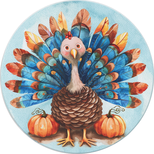 Bright colorful Turkey with pumpkins and leaves Round