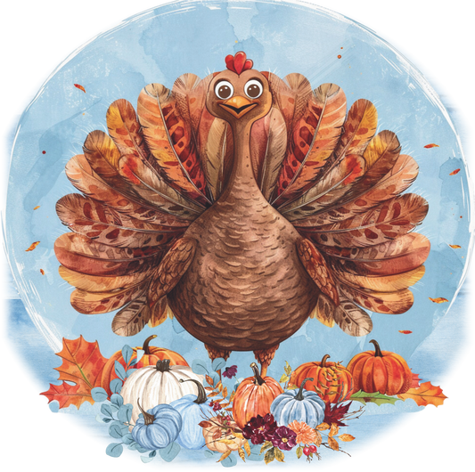 Turkey with pumpkins and leaves Round