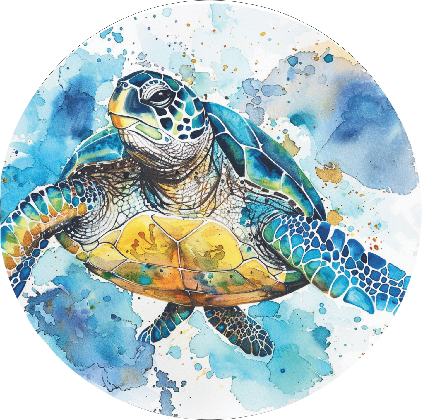 Swimming Sea Turtle in turquoise and yellow Round Sign