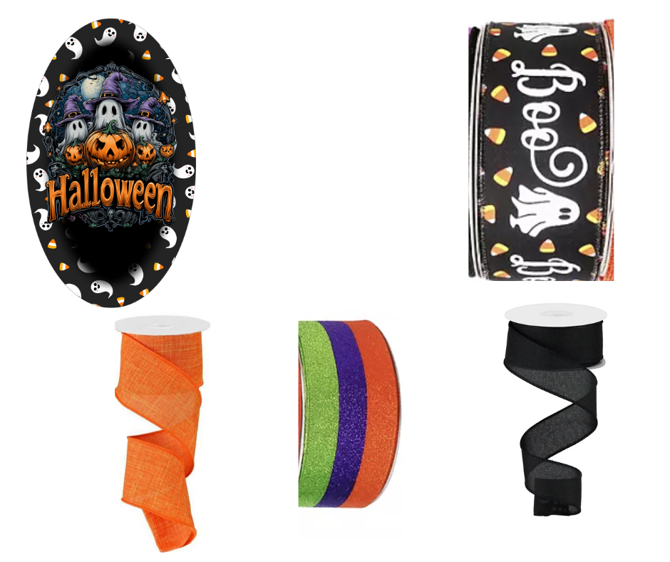 Pumpkin Ghost with candy corn Sign and Ribbon Set