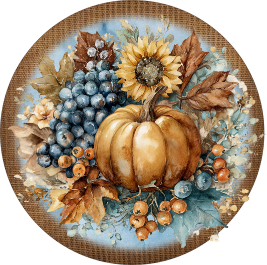 Vintage Pumpkin & Berries Fall Round Metal Sign – Burlap & Blue Watercolor Look