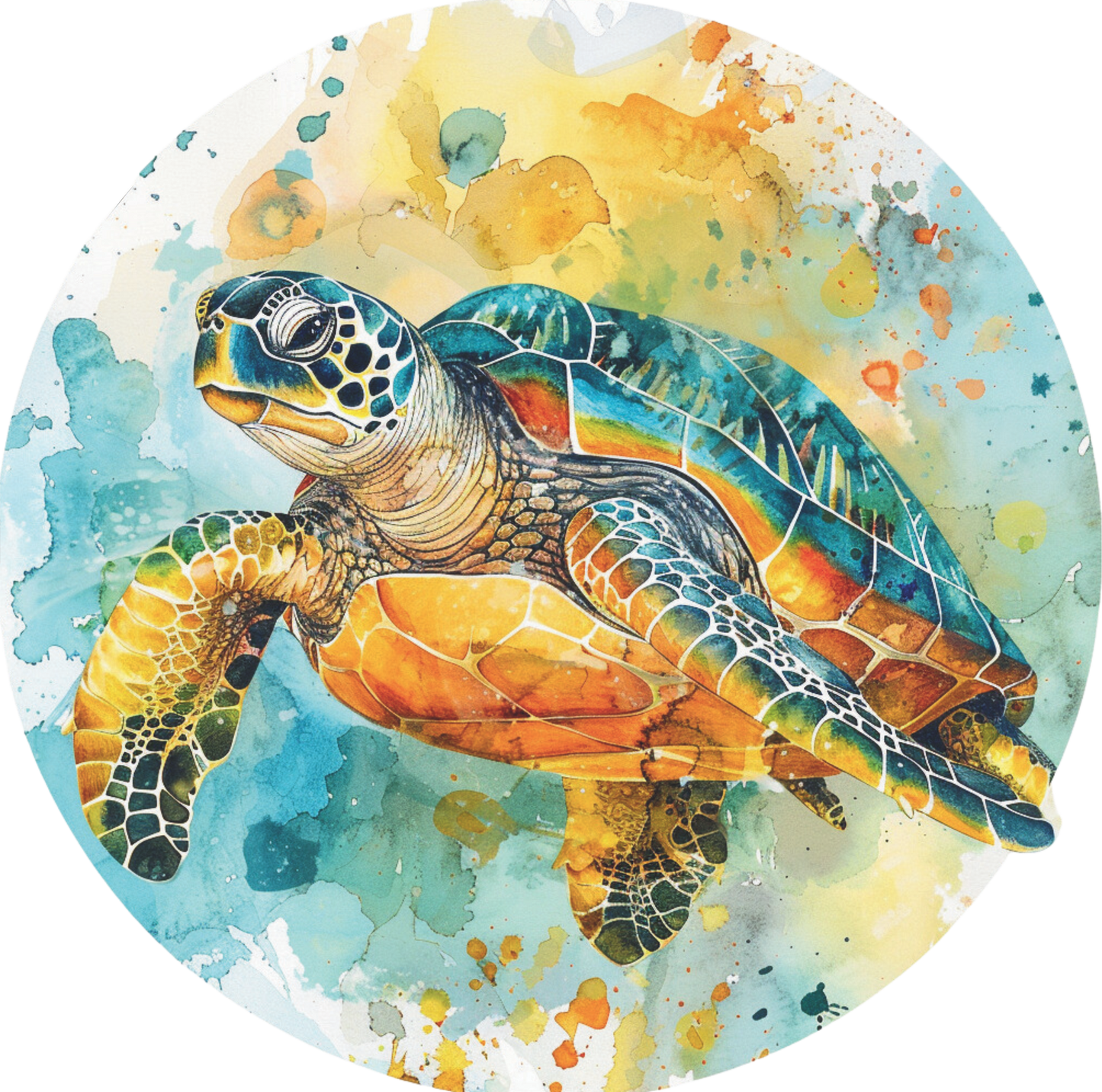 Swimming Sea Turtle in turquoise, orange  and yellow Round Sign